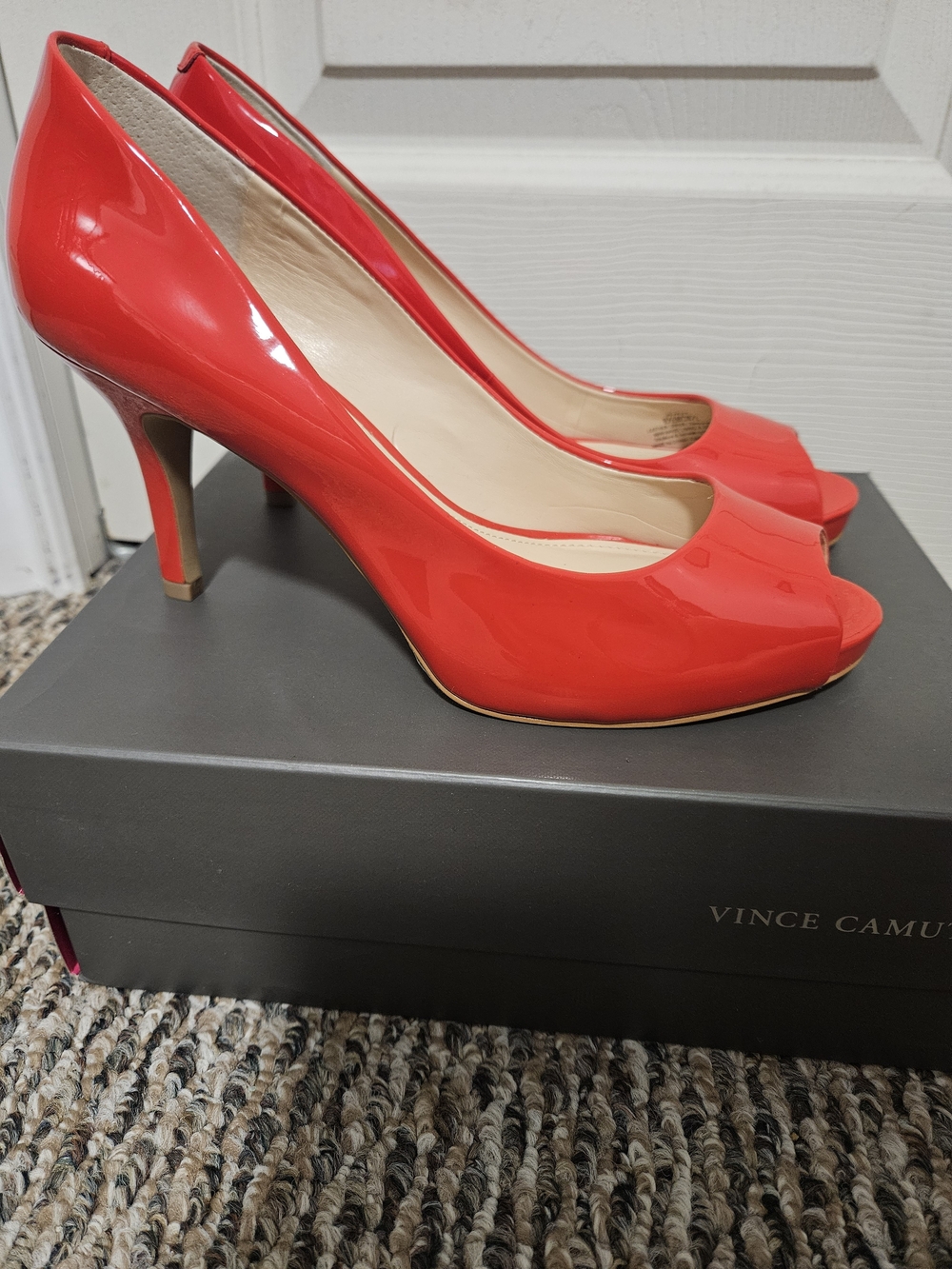 Vince Camuto Red Patent Peep Toe Pumps